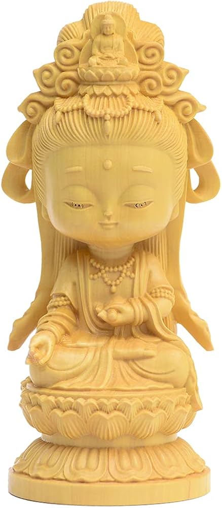 修縁堂】彫刻仏像 2点セット Q版観音 観音菩薩 観音像 置物 木彫 開運