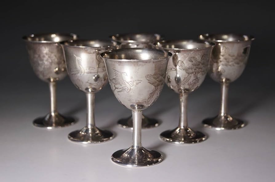 Amazon.co.jp: 中国美術銀製松鶴図酒盃銀盃6客総重量182g銀杯酒器酒杯