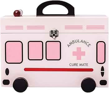 Amazon | ポータブル大容量木製装飾子供用薬箱、かわいい漫画の救急車