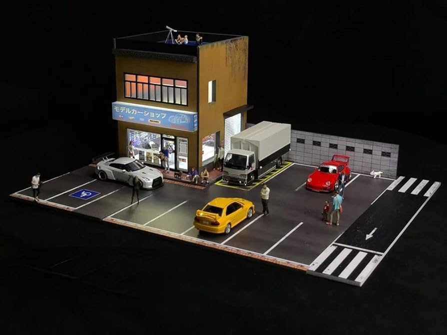 Amazon.co.jp: ジオラマ 1/64 カーガレージモデル 都市背景 駐車場 LED