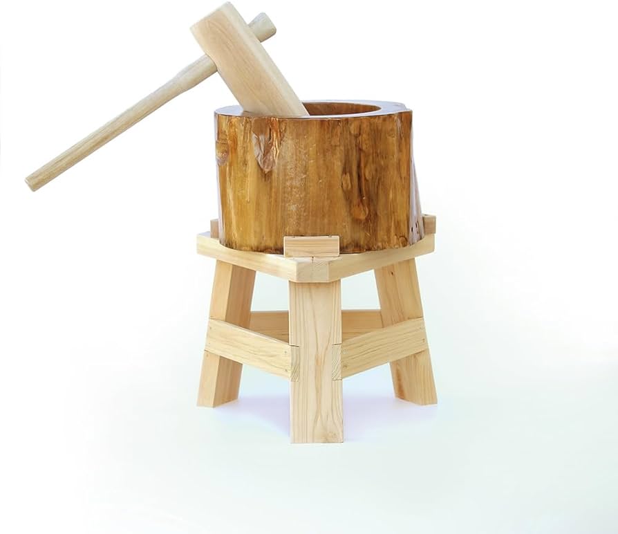 Amazon | 【木台付き】餅つきセット 8合用 木製ミニ臼＋キネ1本