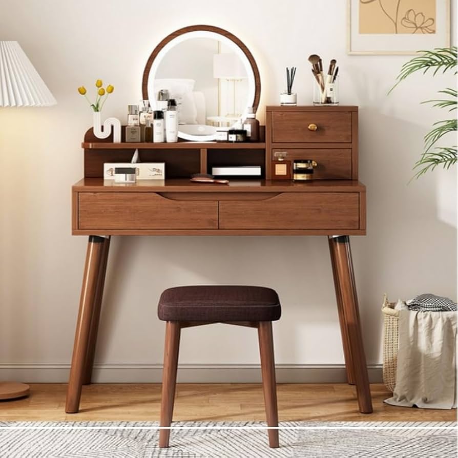 Amazon｜AMC Funiture 胡桃木色の鏡台、引き出し4つと棚2つの寝室鏡台