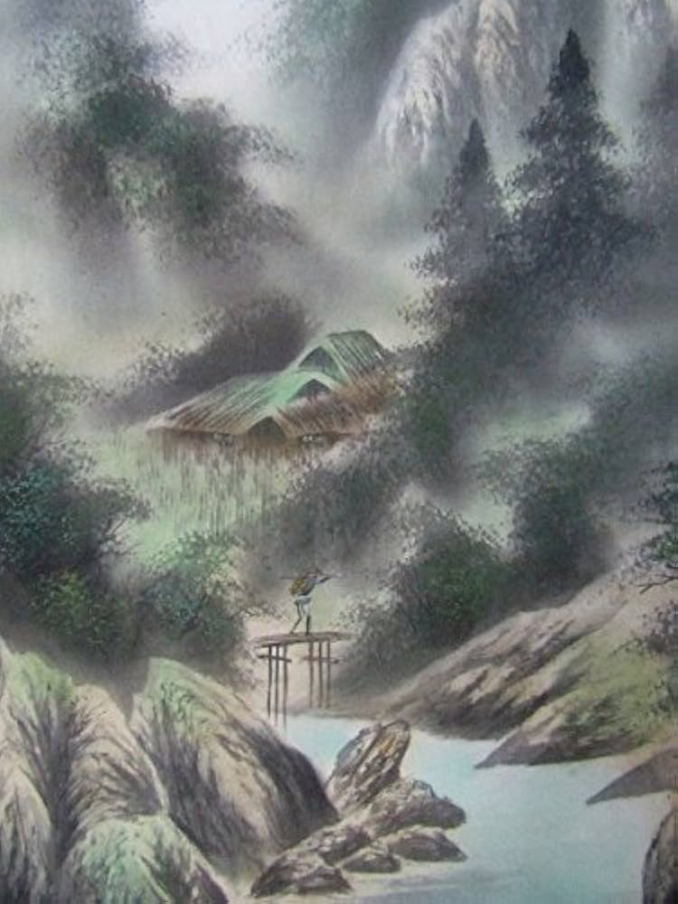 Amazon.co.jp: 古渓『彩色山水』掛け軸 日本画 版画+手彩色 風景画