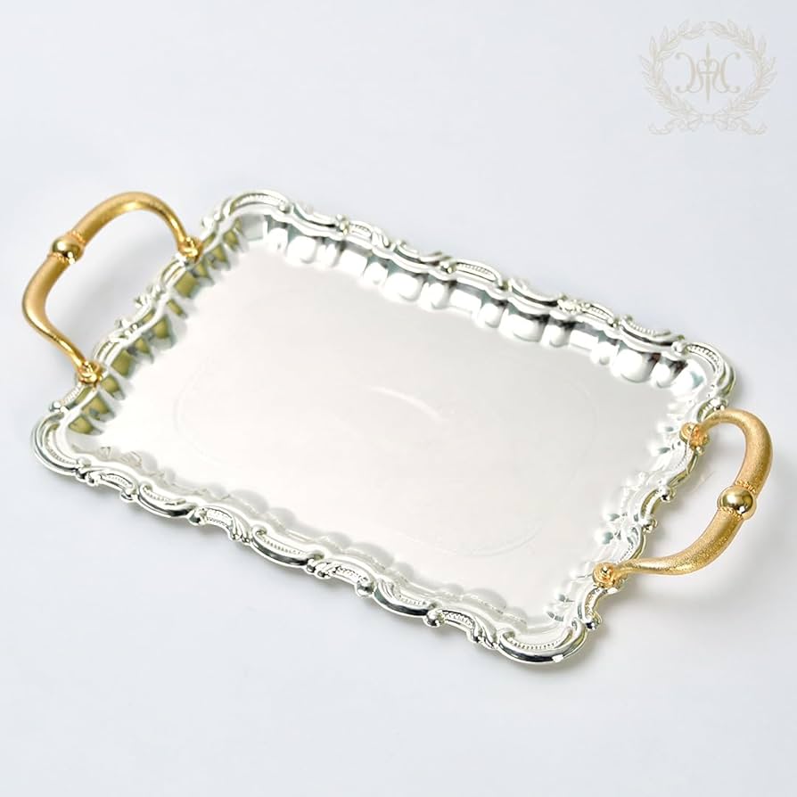 Amazon｜ゴールドハンドルシルバートレイ お盆 取っ手付き 四角形