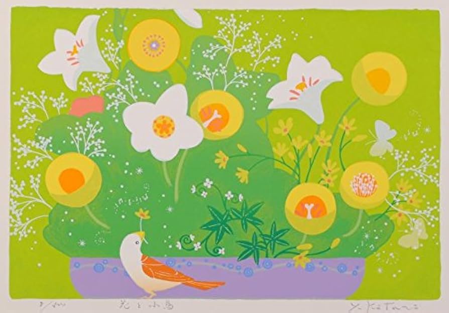Amazon.co.jp: 吉岡浩太郎 「花と小鳥」 花 絵画 小鳥 絵 シルク