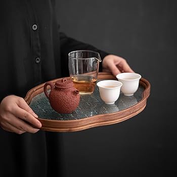 Amazon.co.jp: ガラストレー 茶席 トレイ ガラス 木製 お盆 昭和