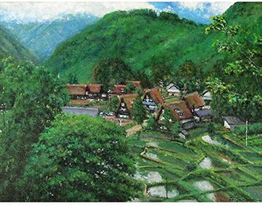 Amazon.co.jp: 澤井進『五箇山(F6号)』油彩画 風景画 合掌造り 集落 こ