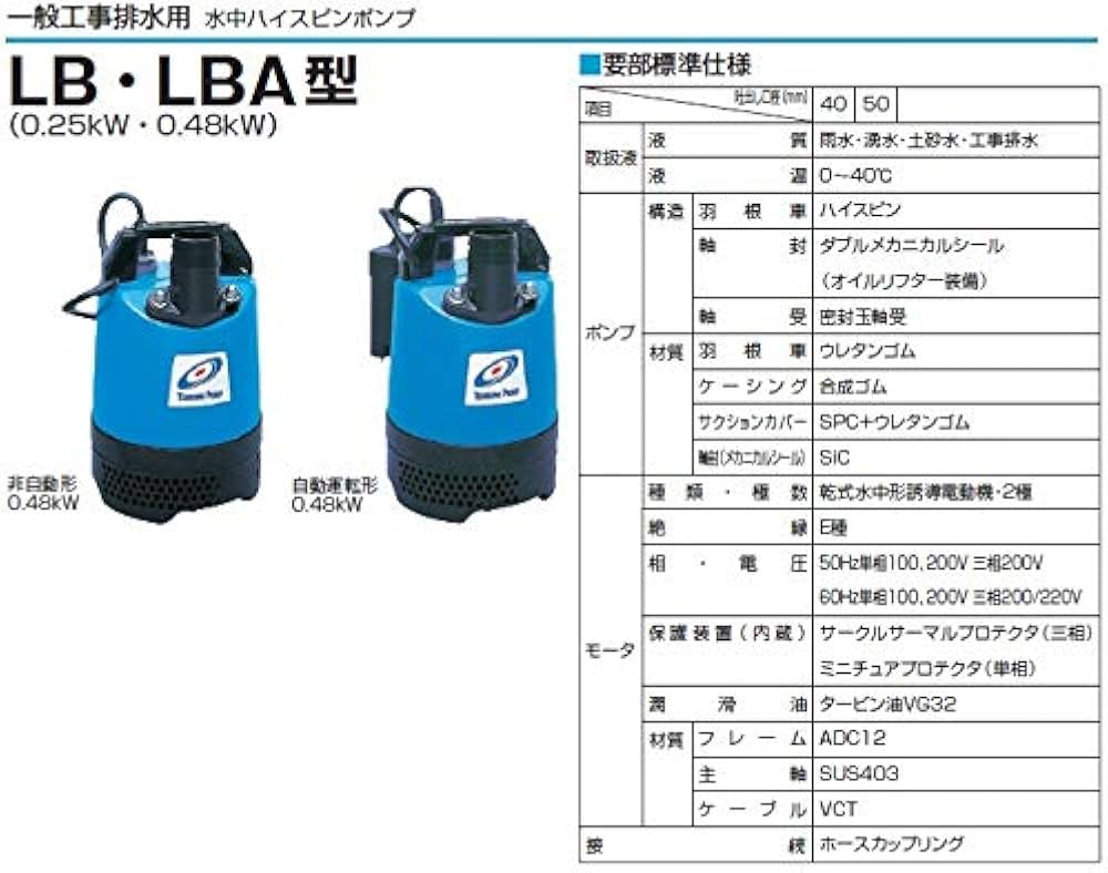 Amazon | ツルミ 一般工事排水用 非自動形水中ハイスピンポンプ LB-480
