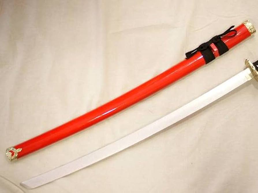 Amazon | 木製鞘付き日本刀・赤橙塗装 金鍔（金色金具） 玩具 | 民芸品