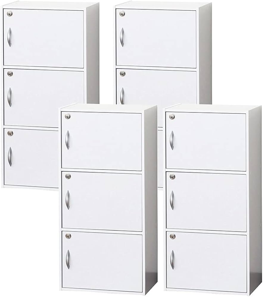 Amazon | 扉付き カラーボックス ホワイト 4個セット 鍵付き シェルフ