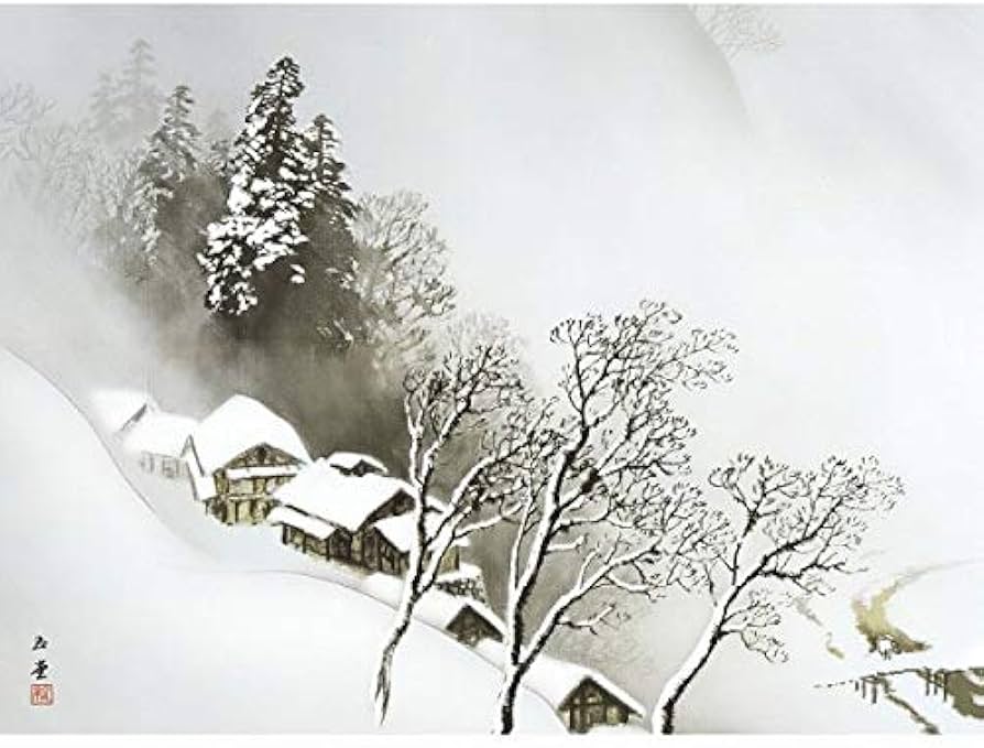 Amazon.co.jp: 川合玉堂『吹雪』高精彩工芸画+手彩 風景画 雪景色 冬