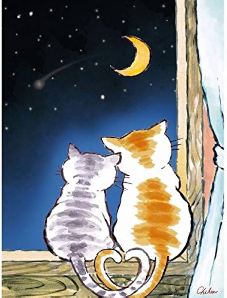 Amazon.co.jp: 千春『三日月夜のねこ』高精彩工芸画+手彩 動物画 風景