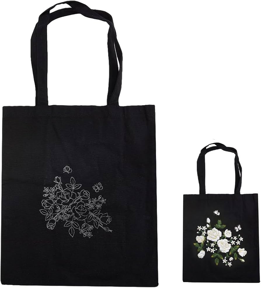 Amazon | WADORN DIY刺繍キャンバスバッグキット、花柄入りブラック