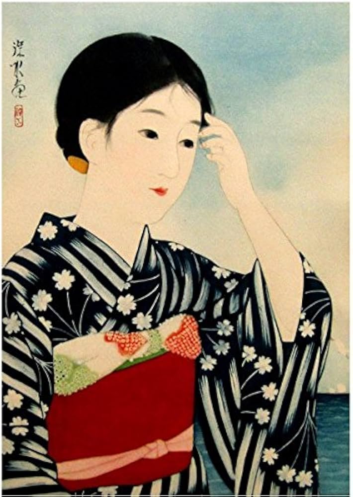 Amazon.co.jp: 伊東深水『高砂染浴衣美人百姿 其の十』オフセット印刷