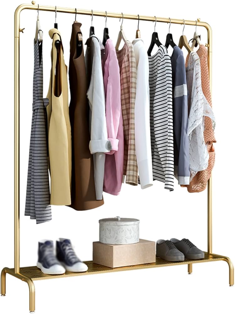 Amazon｜HAIYU- ゴールドハンガーラック 収納棚付き 金属製衣類ラック