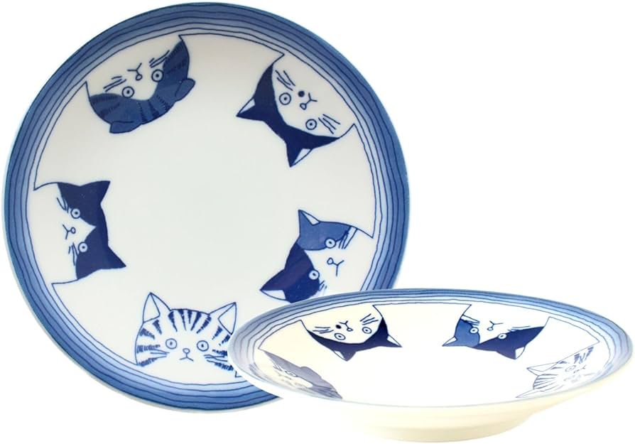 Amazon | 美濃焼 4.0寸平皿 猫 ネコ 青 （直径約13.7cm） 日本製 丸皿