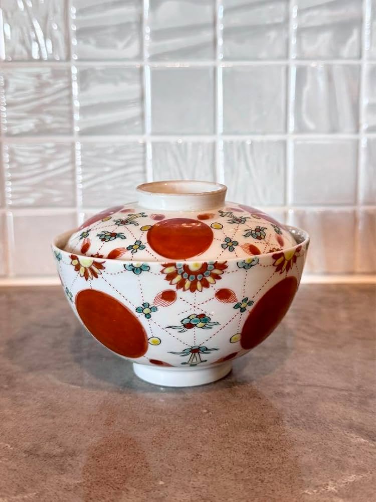 Amazon.co.jp: 古伊万里 色絵 赤玉瓔珞文 蓋付き茶碗 てっさい堂