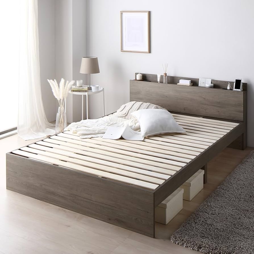 Amazon｜RASIK ベッド セミダブル フレームのみ グレージュ 棚