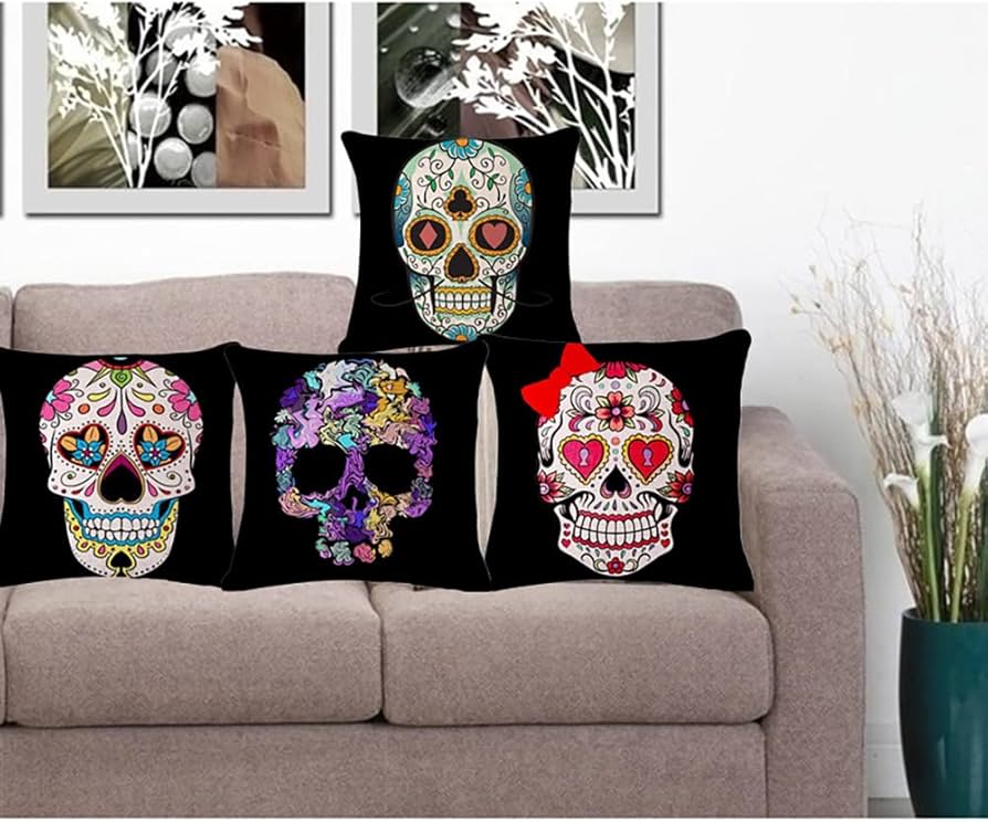 Amazon.co.jp: カラベラ スカル アート クッション カバー 45×45cm 全4