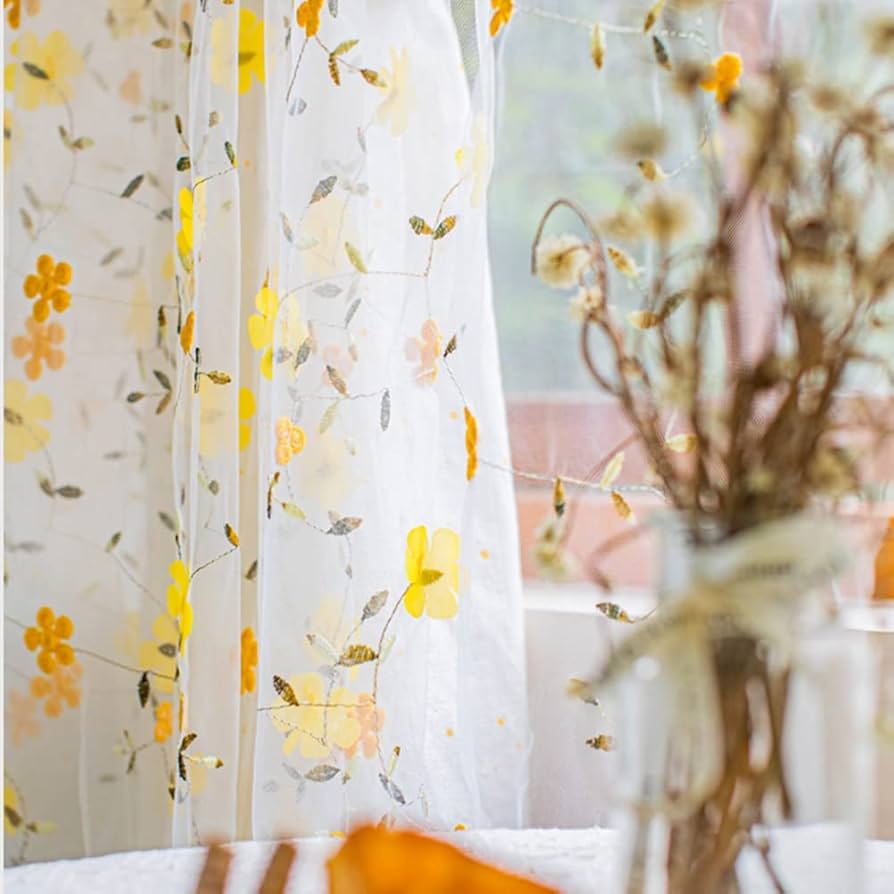 Amazon｜植物と花の刺繍レースカーテン、55 インチ、二重層デザイン