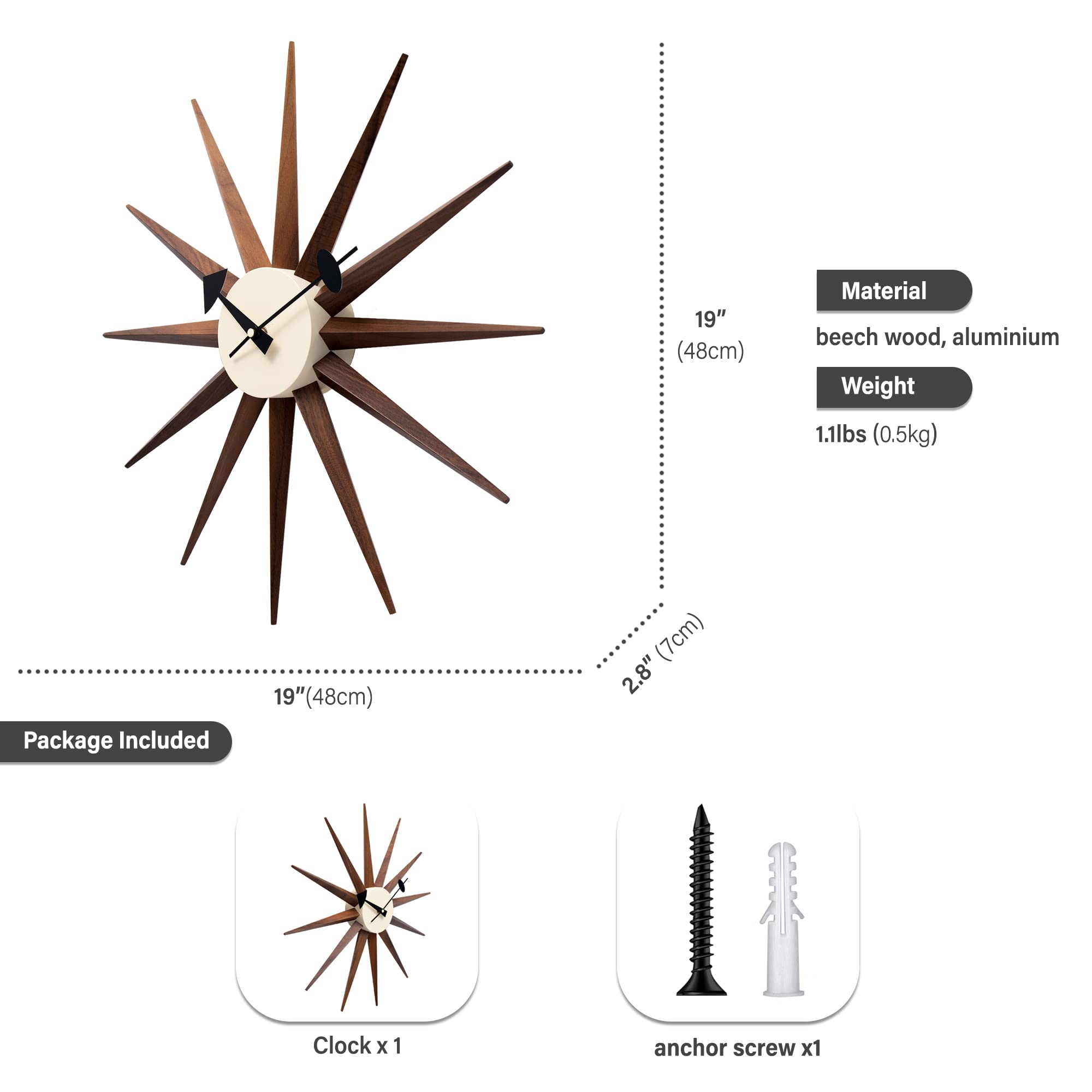Amazon.co.jp: Aurtem ミッドセンチュリー壁掛け時計 - 木製スター