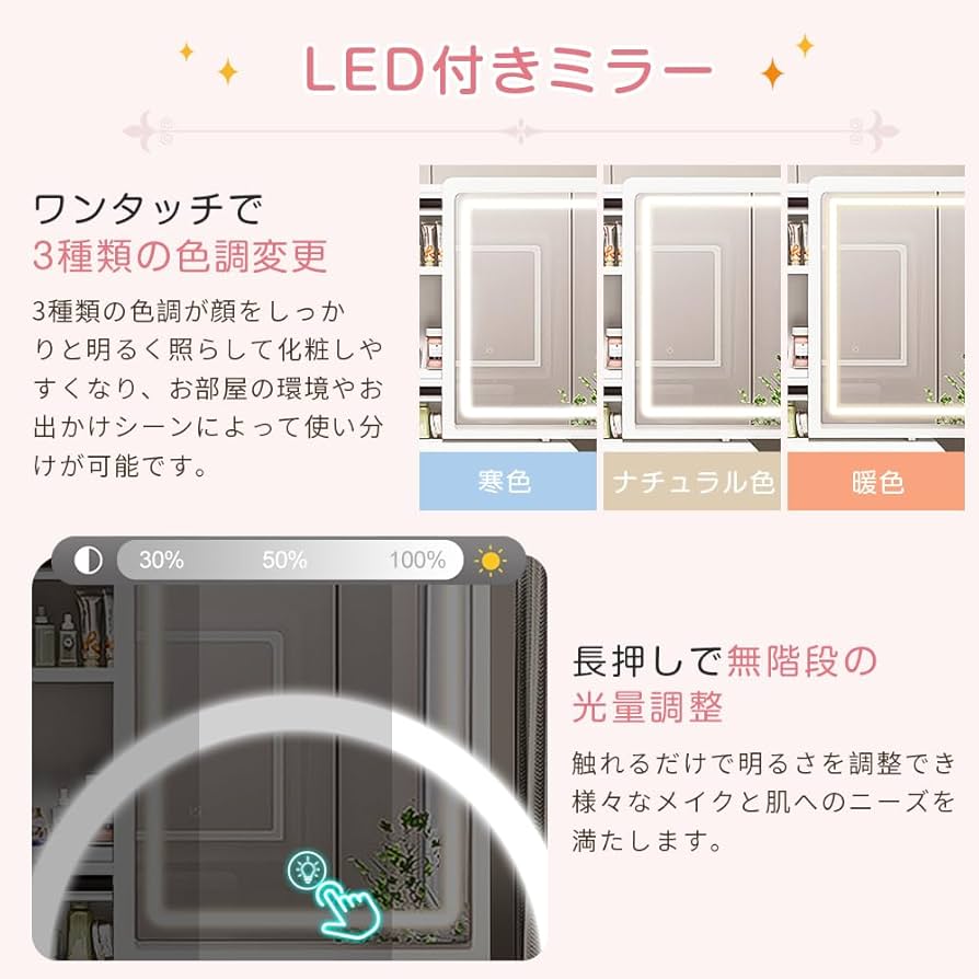 Amazon｜EJ ドレッサー コンパクト 白 3色 LEDライト スライドミラー