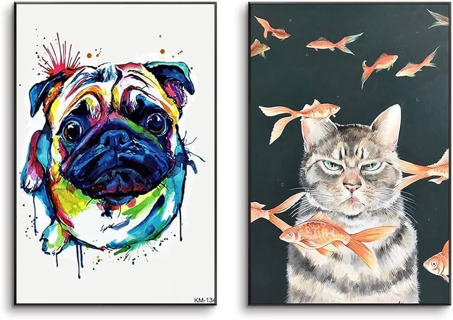 Amazon.co.jp: 動物 アートパネル 2枚 飾り絵 面白い犬の猫 魚 頭 抽象