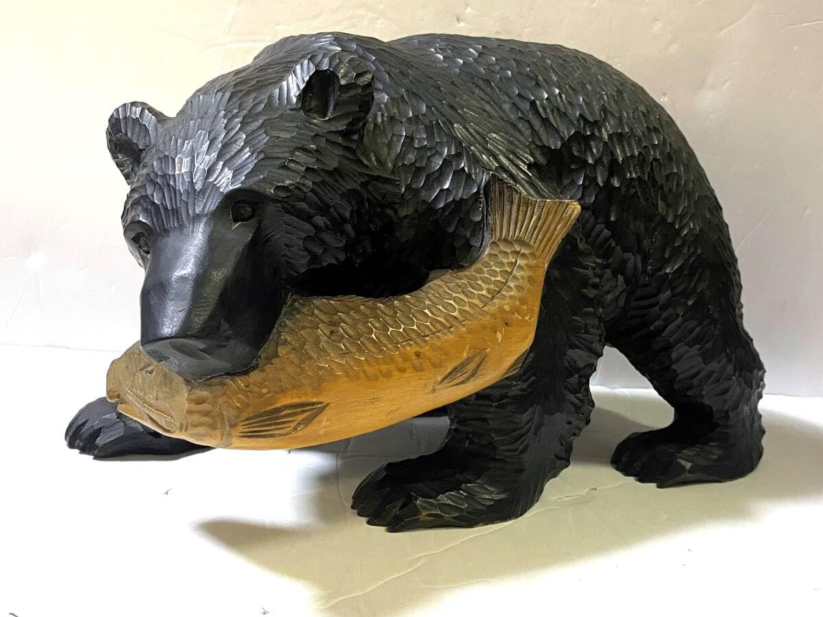Amazon.co.jp: レトロ 鮭をくわえた 木彫りの熊 置物 北海道 民芸品