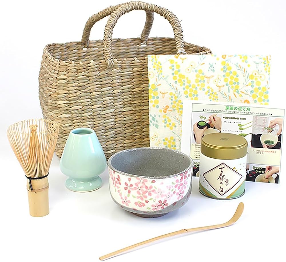 Amazon｜ほんぢ園 お抹茶セット 美濃焼 桜茶碗 籠バッグ付き 抹茶