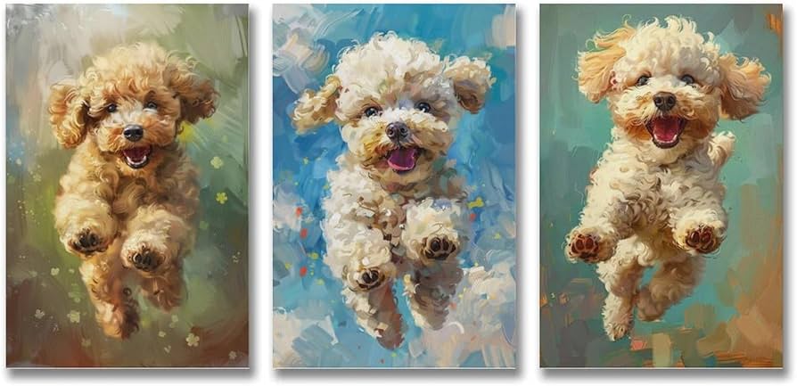 Amazon.co.jp: 3枚 かわいい子犬プードルが楽しそうにジャンプ 絵画