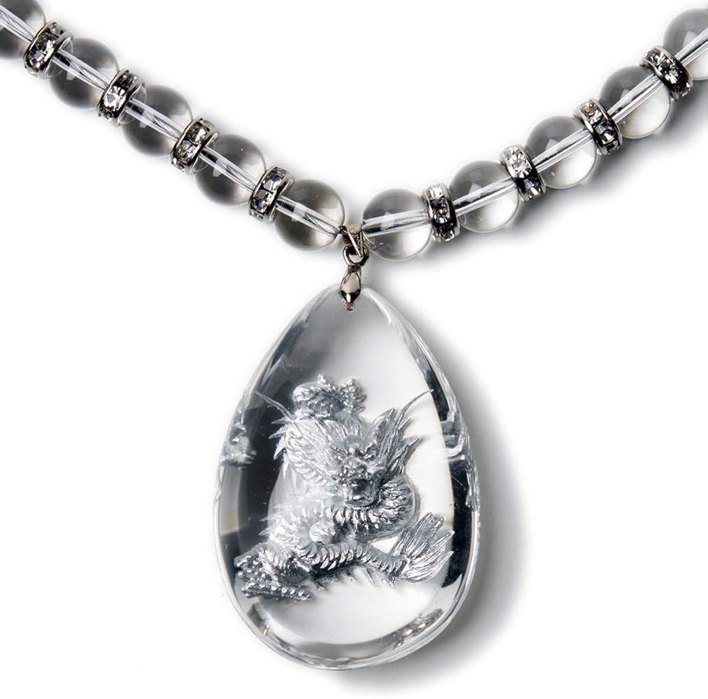 Amazon | [石輝] 浮き銀彫り龍 水晶ペンダント 天然石 水晶 ネックレス