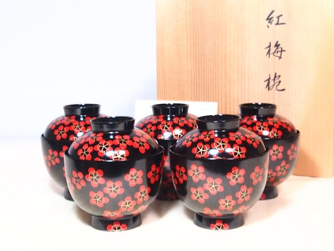 Amazon.co.jp: 京都 平安象彦 紅梅椀 5客 梅蒔絵 小吸物椀汁椀肝吸
