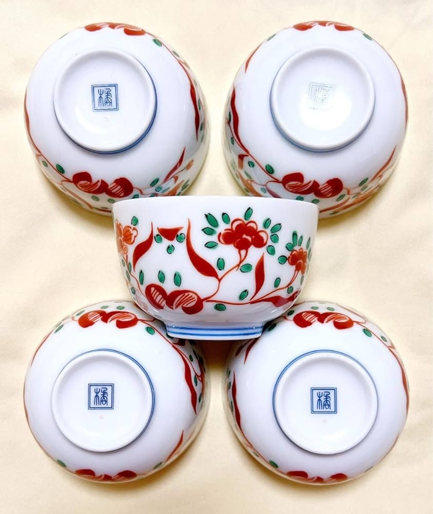 Amazon.co.jp: 和食器 たち吉橘吉 赤絵花柄 湯呑5客 茶器 : ホーム