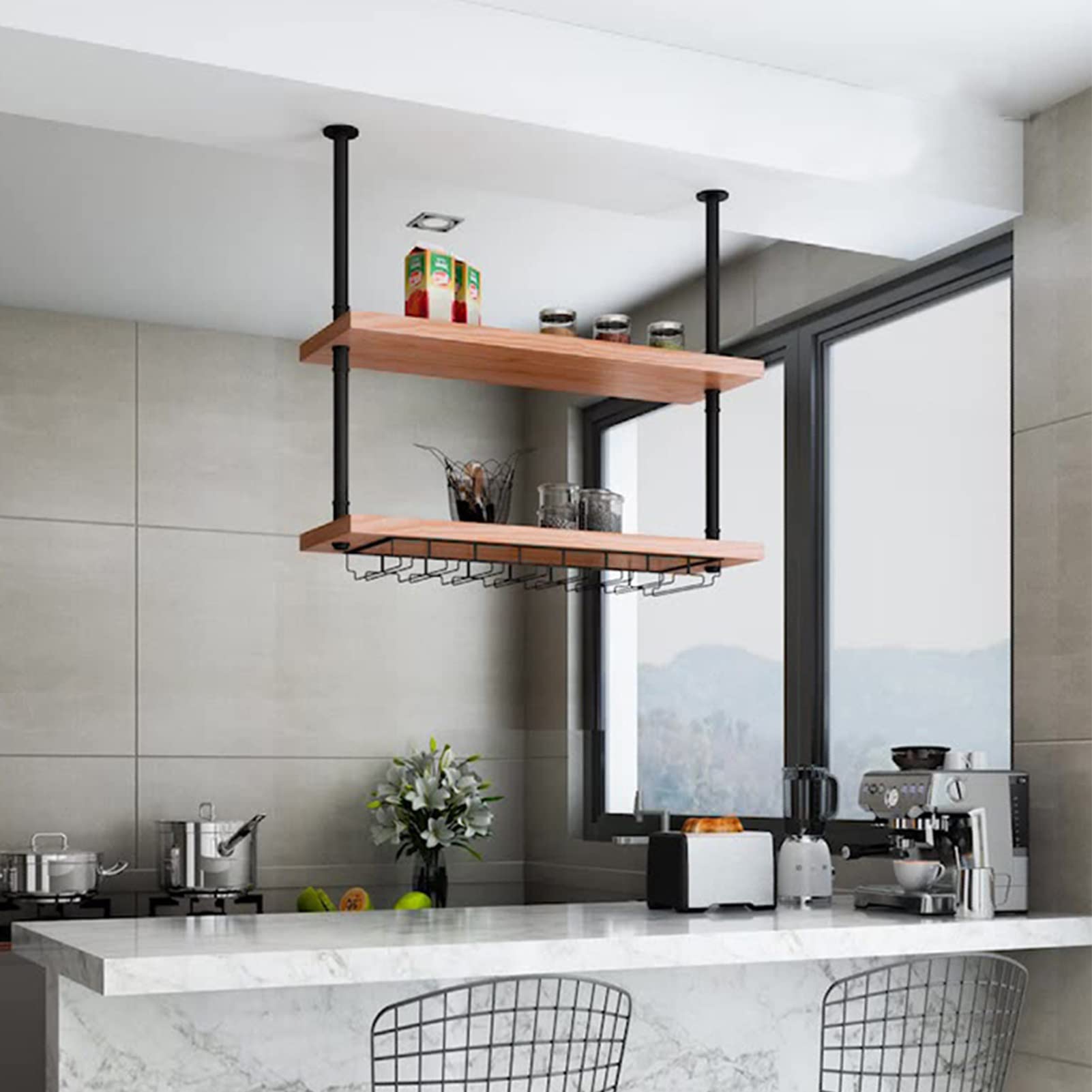 Amazon｜天井棚、キッチン吊り下げ式2段収納ラック、電子レンジ、鍋