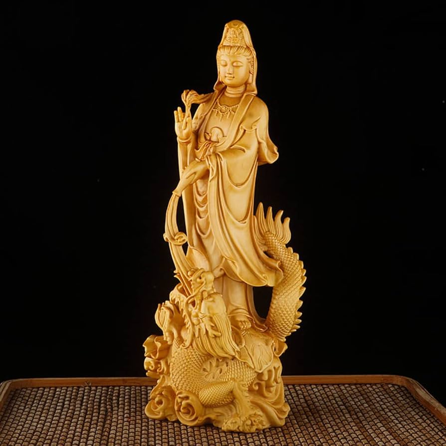 Amazon｜仏像 木彫り 置物 龍上観音 観音像 龍乗観音 龍観音 高級天然