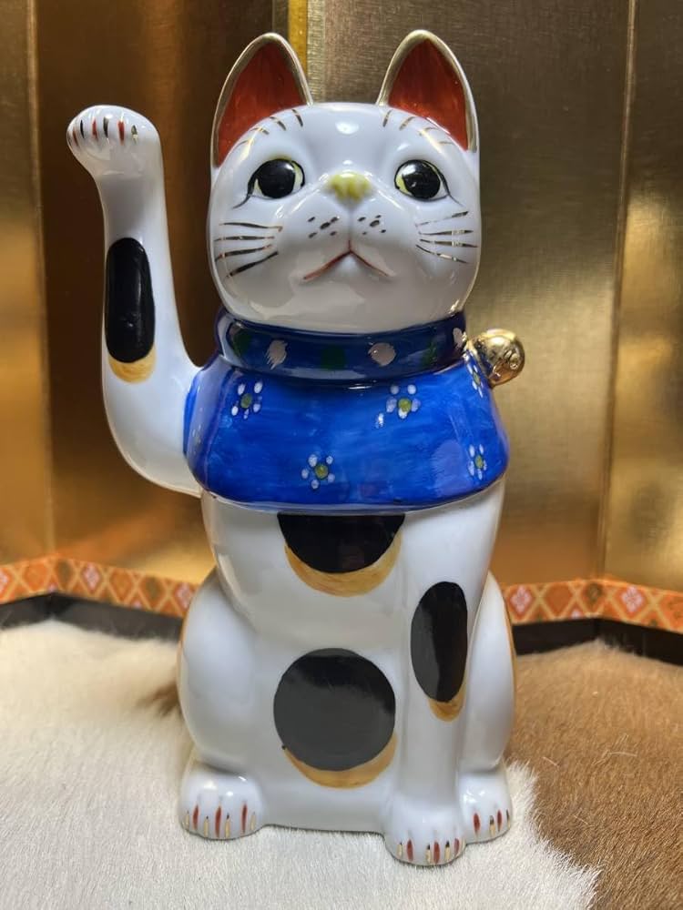 Amazon.co.jp: □陶器□青模様□ブチ□招き猫□右手挙げ□ねこ□置物