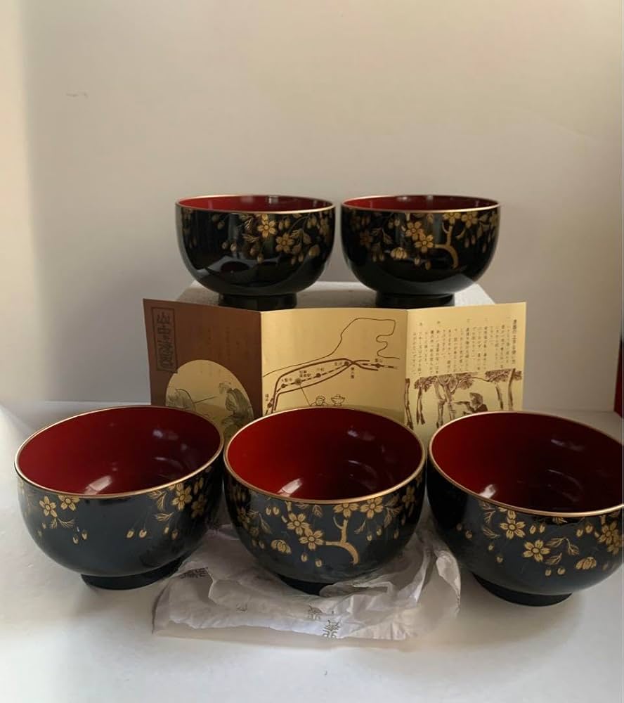 Amazon.co.jp: 高級 山中漆器 北斎 金桜柄 汁椀 5客セット 箱入り