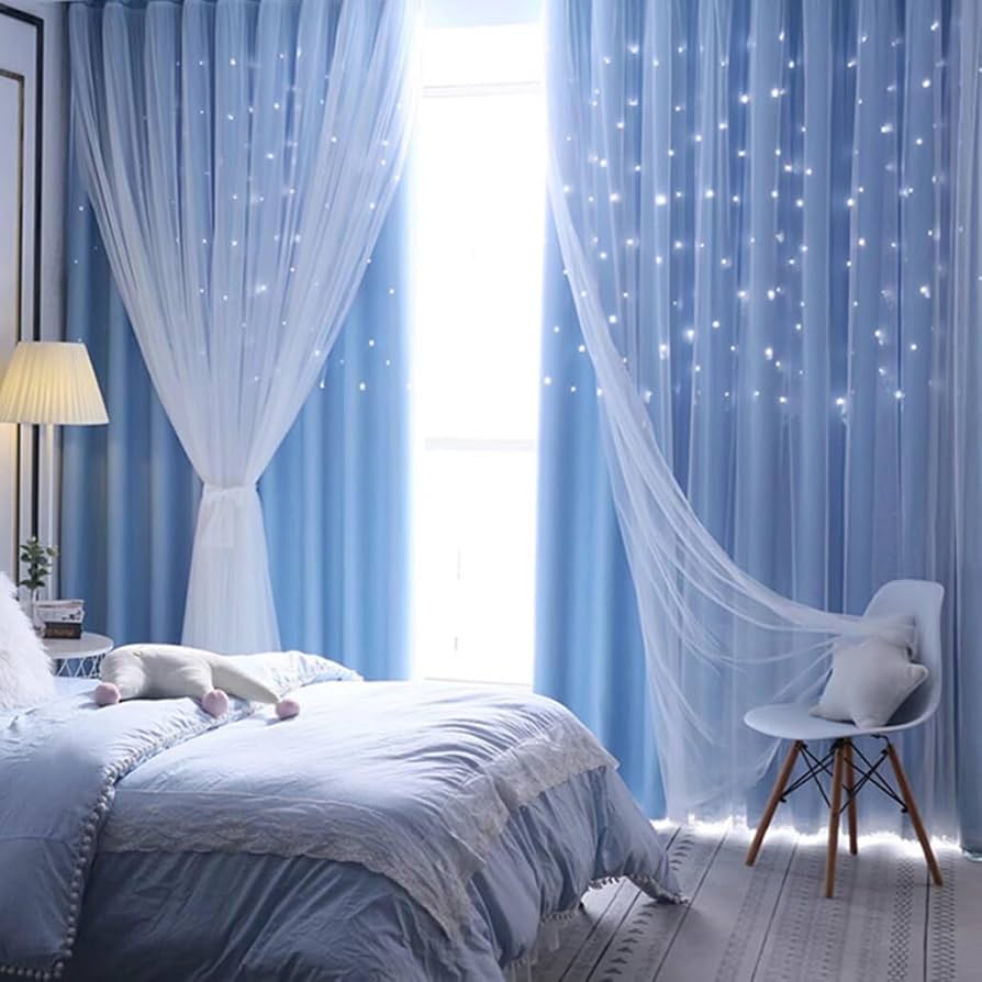 Amazon｜姫系 カーテン 遮光 グラデーション 星柄 透かし彫り 二重