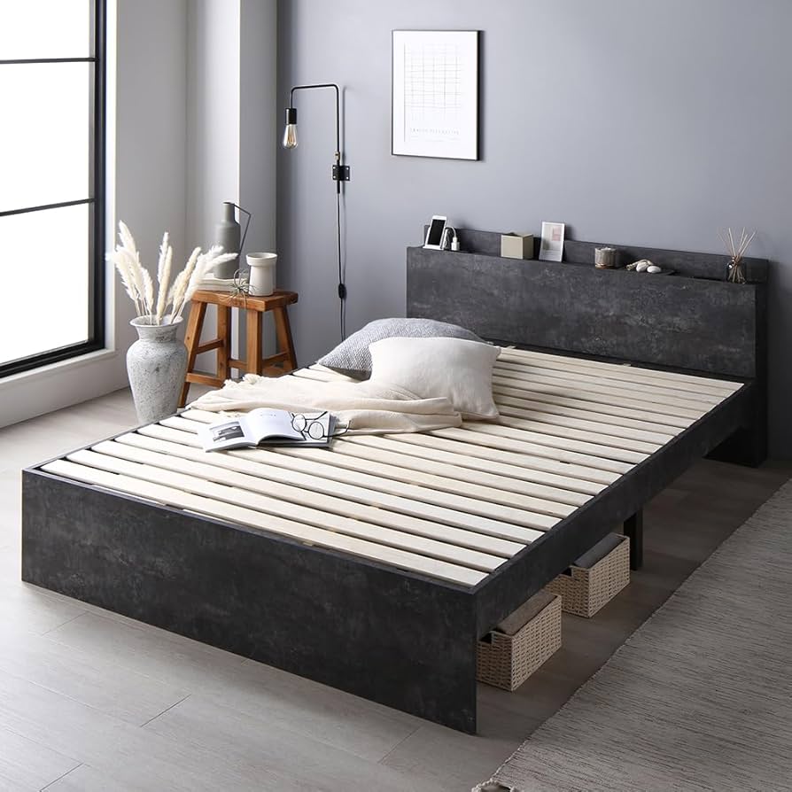 Amazon｜RASIK ベッド シングル フレームのみ ストーングレー 棚