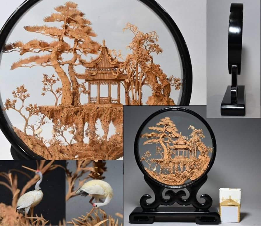 Amazon.co.jp: 中国美術コルク細工細密彫刻楼閣山水松鶴置物ガラス