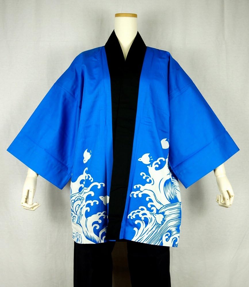 Amazon | 祭り・イベント用本格半纏・法被（青地に白） 波千鳥に大漁