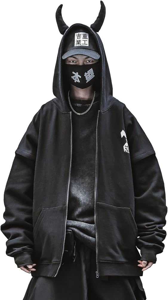 MFCT Men's Devil Horn Full-Zip Streetwear Hoodie [Black, Medium