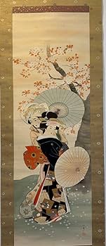 Amazon.co.jp: 模写上村松園「花見姿図」 古い掛け軸(掛軸) 肉筆 絹本