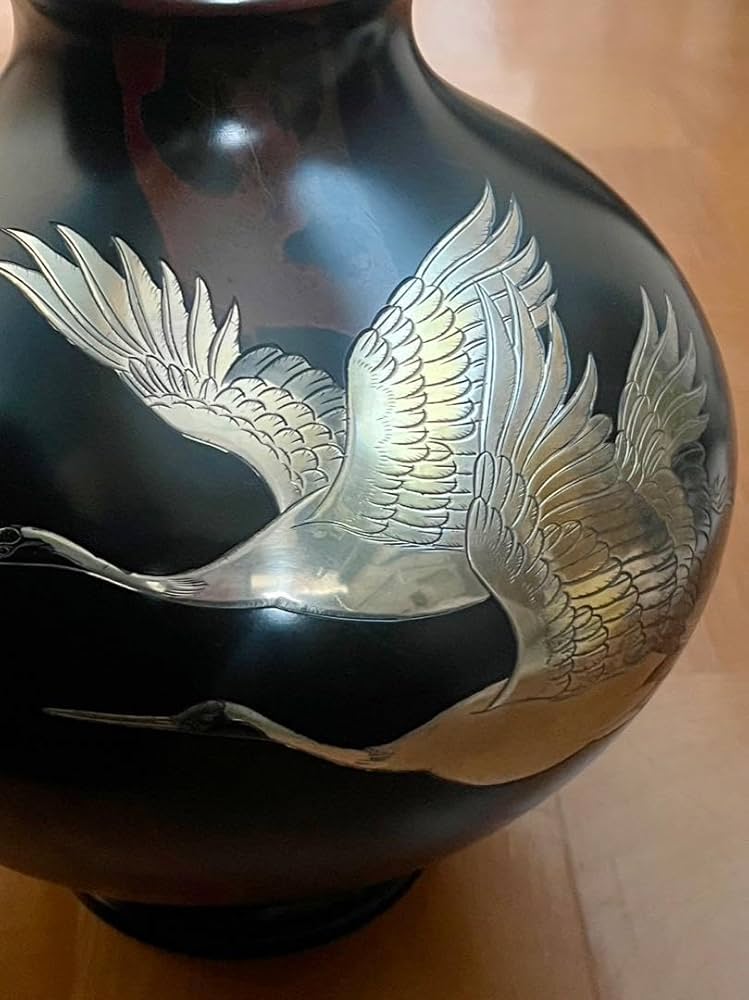 Amazon.co.jp: 花器花瓶飾壺 双鶴彫金 真峰作 青銅 ブロンズ 製 高岡