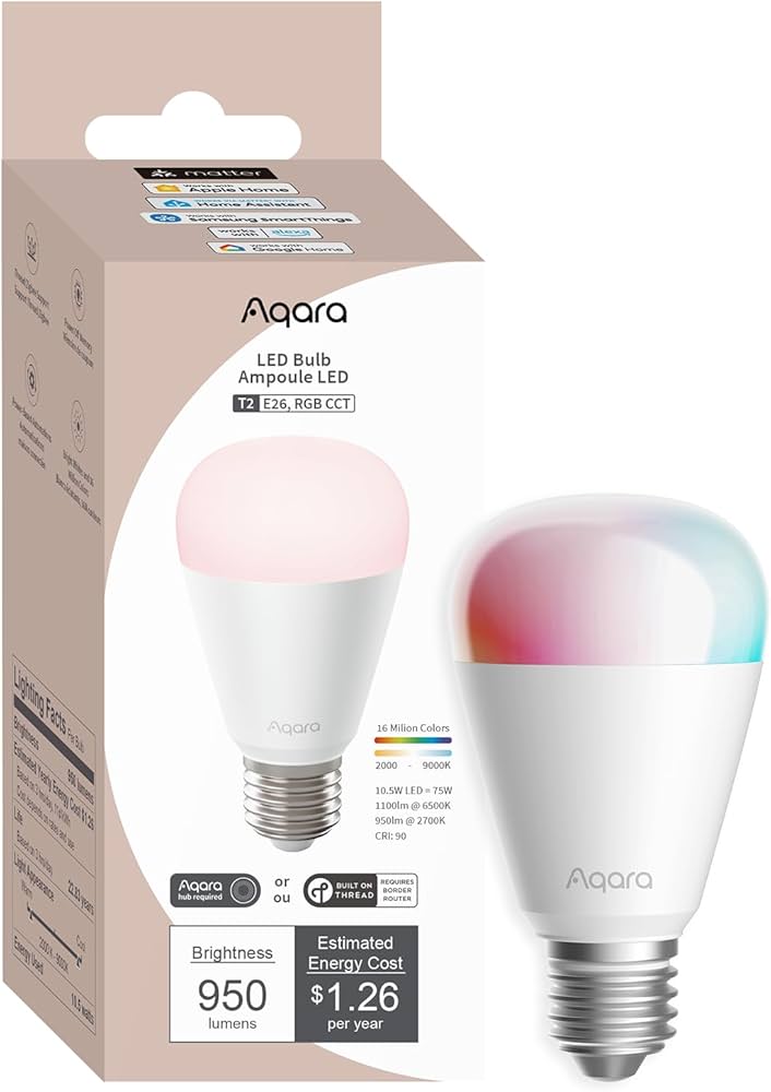 Aqara Thread/Zigbee Smart LED Light Bulb T2 E26, Tunable White
