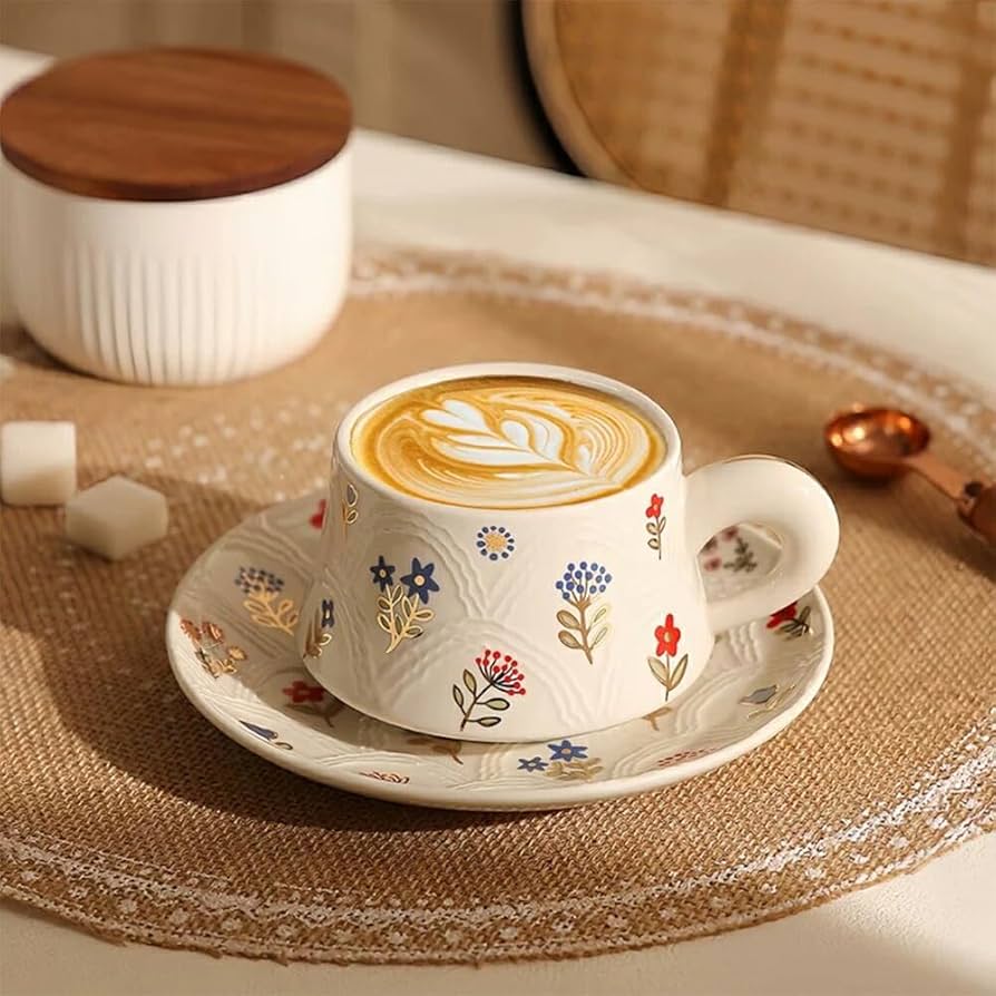 Amazon.co.jp: 美しい 花柄 マグカップ＆プレート 白陶器 コップ