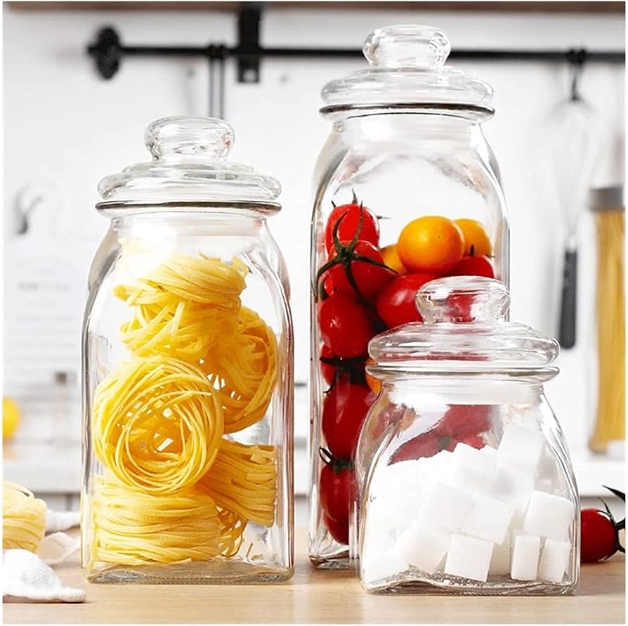 Amazon｜3ピースキャニスターセット透明ガラスジャー蓋付きキッチン