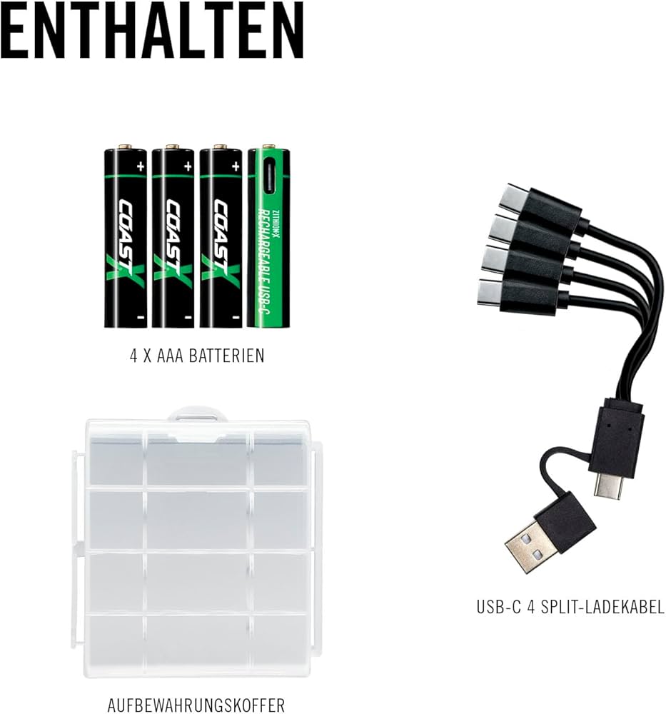 Coast AAA USB-C Batteries, ZITHION-X, Lithium-Ion 1.5 V 750 mAh