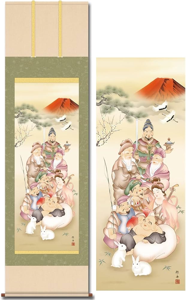 Amazon.co.jp: 掛け軸 開運画 正月 七福縁起兔之図 床の間 うさぎ 兔