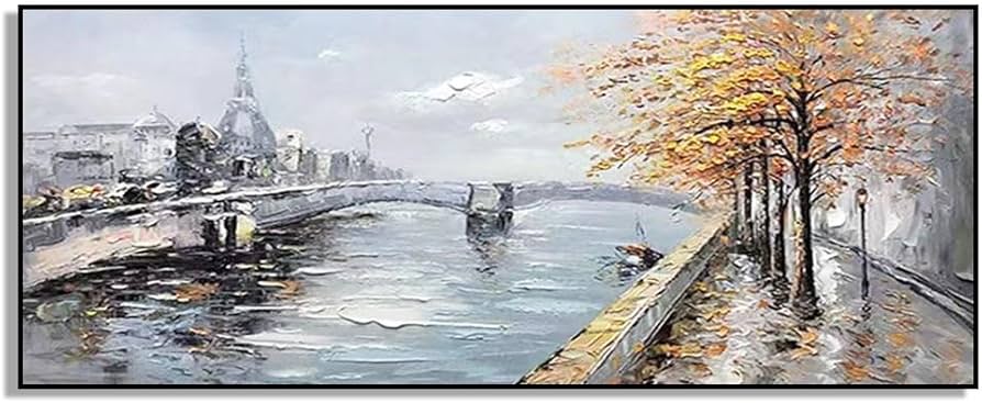 Amazon.co.jp: フレーム付き手描き風景横長油絵テクスチャーキャンバス